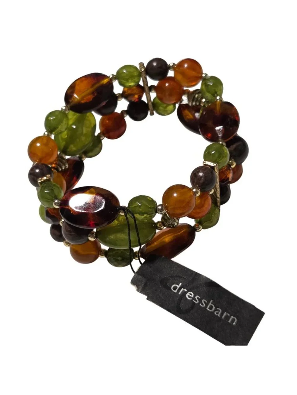 Dressbarn Beaded Bracelet Green Amber Tones Stretch Stacked Boho Fashion Jewelry